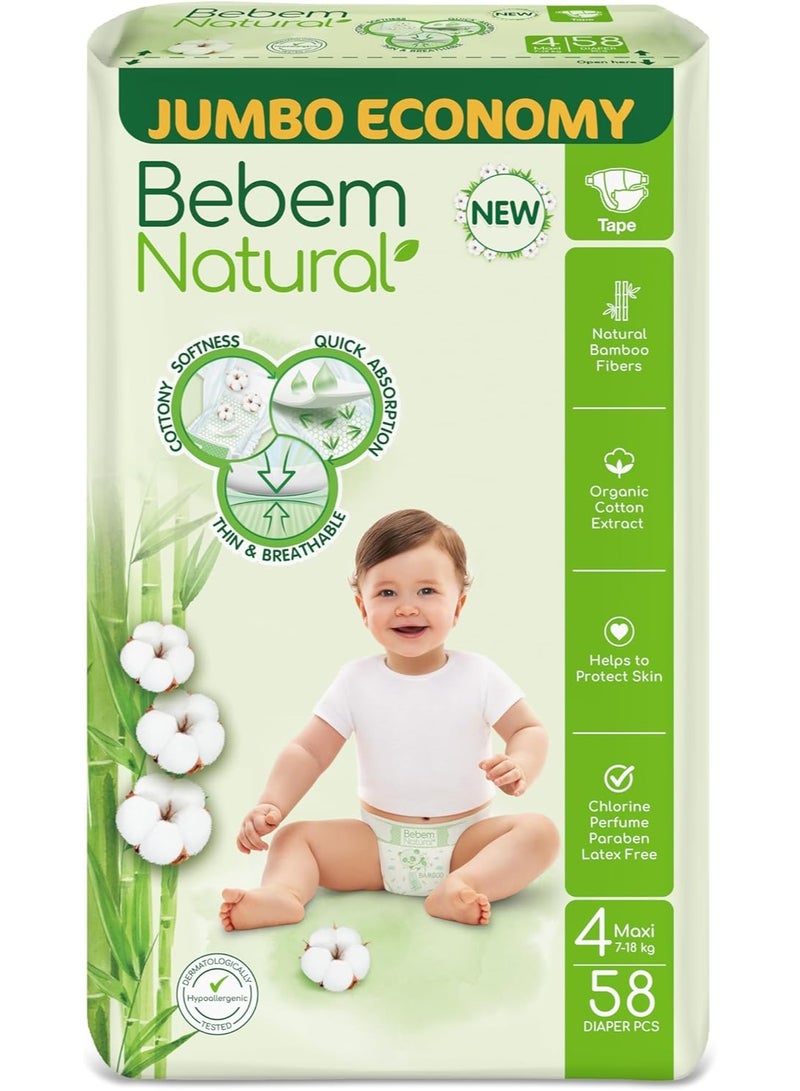 Bebem Baby Diapers, Natural, Jumbo Pack, Maxi Size 4 - 58 Pieces - Image 1